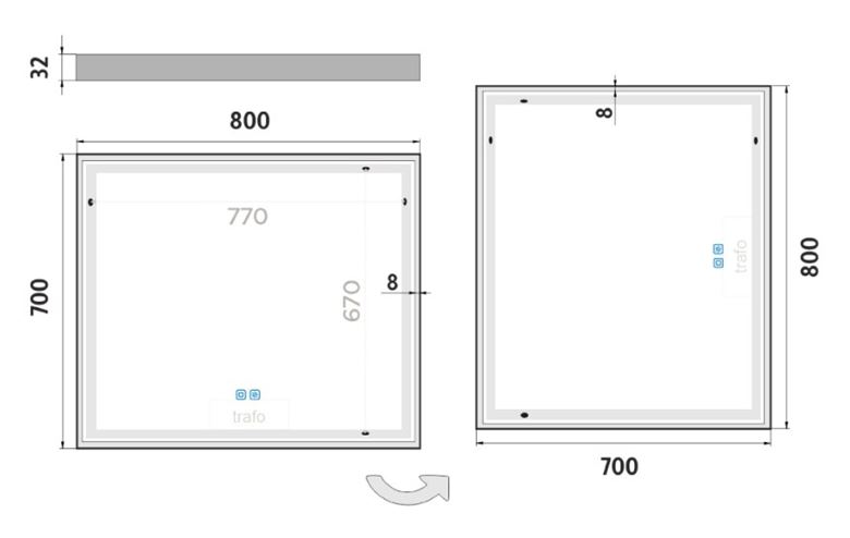 NIMCO ZP 13000 zrcadlo 80x70 cm, reverzibilní, s osvětlením, s regulací stmívání a teploty světla, se dvěma senzory ZP 13003VX Technický nákres