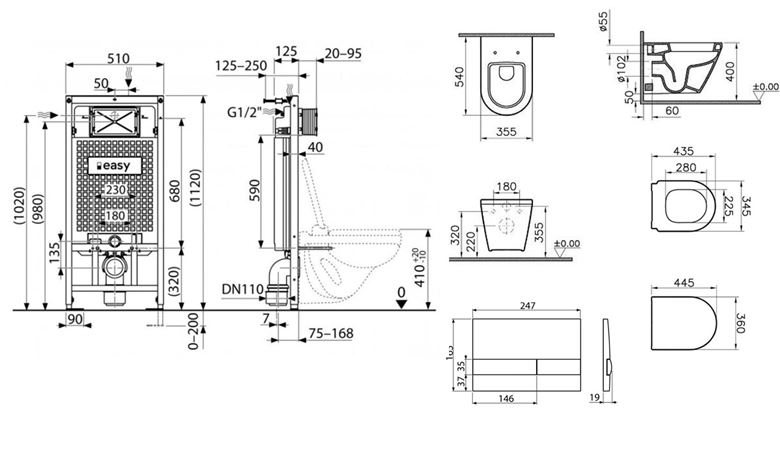 VITRA INTEGRA závěsné WC s montážním prvkem SÁDROMODUL, sedátko, bílé tlačítko PT1.ALDF-KK.W.28 Technický nákres