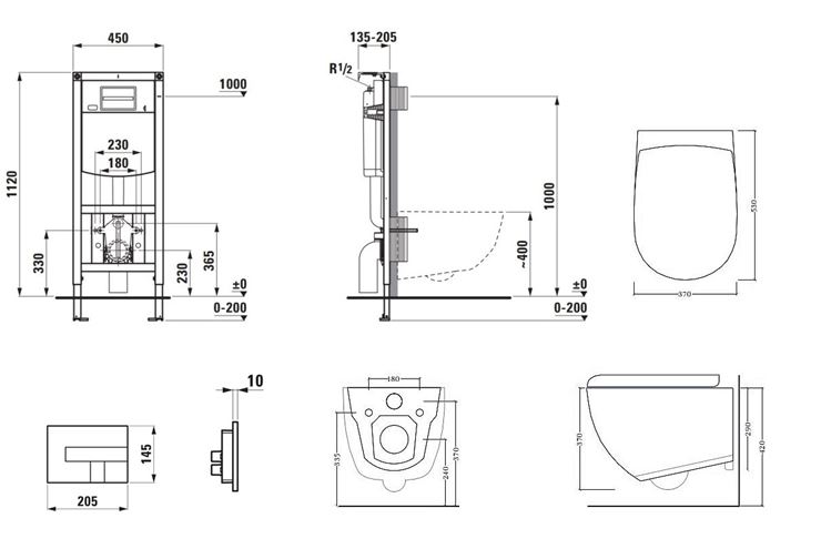 ARTCERAM FILE 2.0 závěsné WC s montážním prvkem Laufen Ineo, Rimless splachování, SoftClose sedátko, chromové tlačítko PT3.LADF-RSC.CR.18 Technický nákres