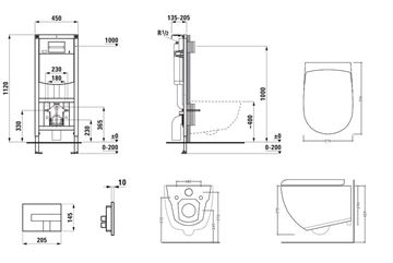 ARTCERAM FILE 2.0 závěsné WC s montážním prvkem Laufen Ineo, Rimless splachování, SoftClose sedátko, chromové tlačítko PT3.LADF-RSC.CR.18 Technický nákres