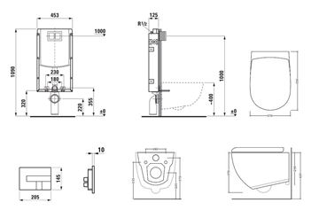 ARTCERAM FILE 2.0 závěsné WC s montážním prvkem Laufen Ineo TW102, Rimless splachování, SoftClose sedátko, chromové tlačítko PT3.LAKF-RSC.CR.17 Technický nákres