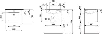 LAUFEN PRO S skříňka s umyvadlem 60x50x46 cm, 1 zásuvka, lesklá bílá H8609614751041 Technický nákres