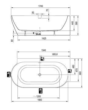 CONCEPT FREE CORNER R rohová vana 174,5x86 cm, s nožičkami, akrylát CC91050000 Technický nákres