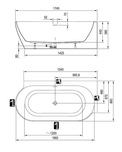 CONCEPT FREE CORNER R rohová vana 174,5x86 cm, s nožičkami, akrylát CC91050000 Technický nákres