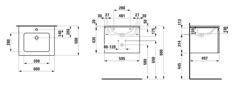 LAUFEN PRO S skříňka s umyvadlem 60x50x46 cm, 1 zásuvka, lesklá bílá H8609624751041 Technický nákres
