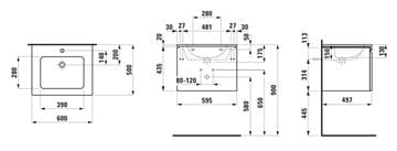 LAUFEN PRO S skříňka s umyvadlem 60x50x46 cm, 1 zásuvka, matný grafit H8609624801041 Technický nákres