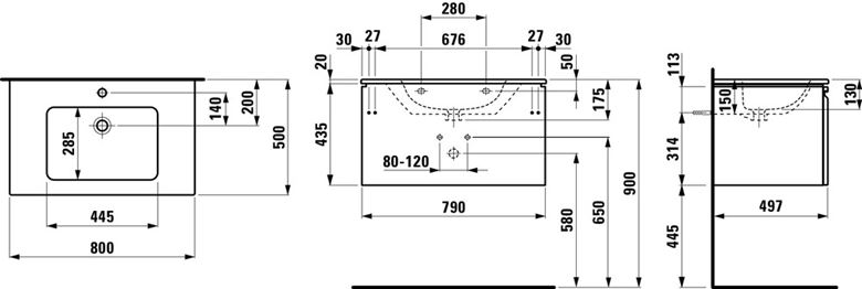 LAUFEN PRO S skříňka s umyvadlem 80x50x46 cm, 1 zásuvka, lesklá bílá H8609634751041 Technický nákres