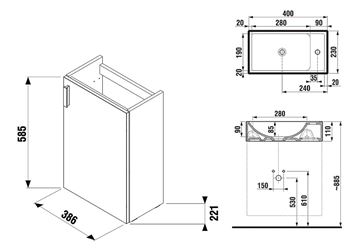 JIKA PETIT skříňka s umývátkem 40x23x69,5 cm, 1 dvířka, jasan H45J5111755141 Technický nákres
