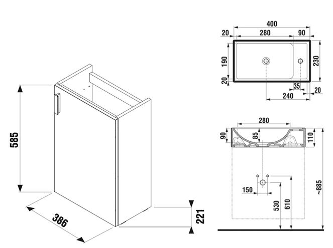 JIKA PETIT skříňka s umývátkem 40x23x69,5 cm, 1 dvířka, šedá H45J5111753011 Technický nákres