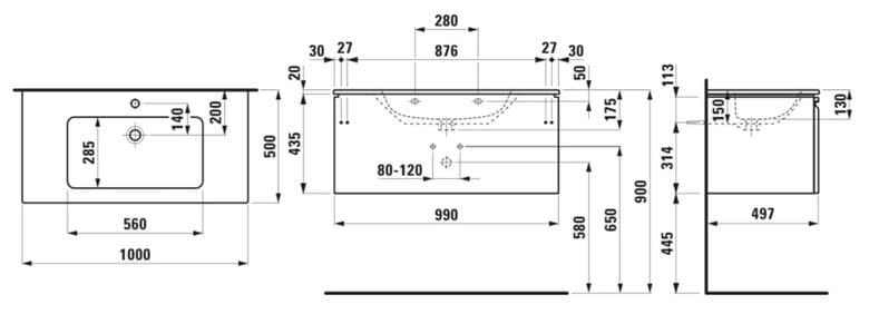 LAUFEN PRO S skříňka s umyvadlem 100x50x46 cm, 1 zásuvka, matný grafit H8609654801041 Technický nákres