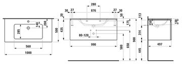 LAUFEN PRO S skříňka s umyvadlem 100x50x46 cm, 1 zásuvka, matný grafit H8609654801041 Technický nákres