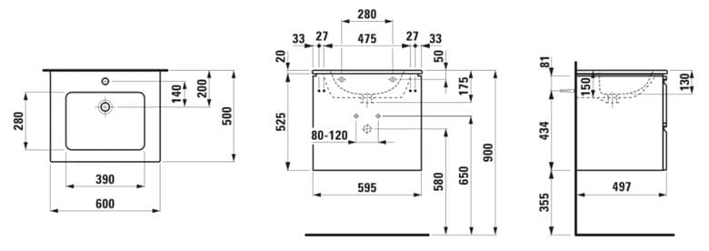 LAUFEN PRO S skříňka s umyvadlem 60x50x54,5 cm, 2 zásuvky, lesklá bílá H8619614751041 Technický nákres