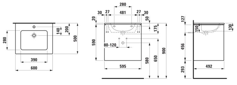 LAUFEN PRO S skříňka s umyvadlem 60x50x61 cm, 2 zásuvky, Push-open, s organizérem, matná bílá H8649602601041 Technický nákres