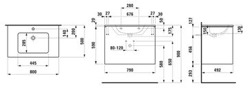 LAUFEN PRO S skříňka s umyvadlem 80x50x61 cm, 2 zásuvky, Push-open, s organizérem, lesklá bílá H8649612611041 Technický nákres