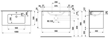 LAUFEN PRO S skříňka s umyvadlem 100x50x61 cm, 2 zásuvky, Push-open, s organizérem, lesklá bílá H8649622611041 Technický nákres
