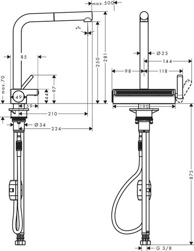 HANSGROHE AQUNO SELECT M81 dřezová baterie, s vytahovací koncovkou a plochou sprškou, chrom 73836000 Technický nákres
