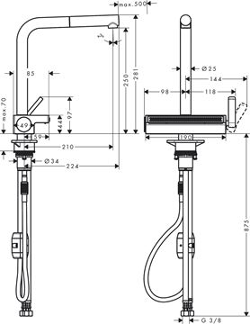 HANSGROHE AQUNO SELECT M81 dřezová baterie, s vytahovací koncovkou a plochou sprškou, chrom 73836000 Technický nákres