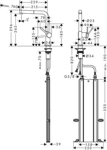 HANSGROHE TALIS M54 dřezová baterie, s vytahovací koncovkou, sBox, matná černá 72809670 Technický nákres