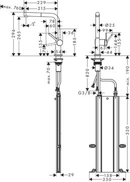 HANSGROHE TALIS M54 dřezová baterie, s vytahovací koncovkou, sBox, matná černá 72809670 Technický nákres