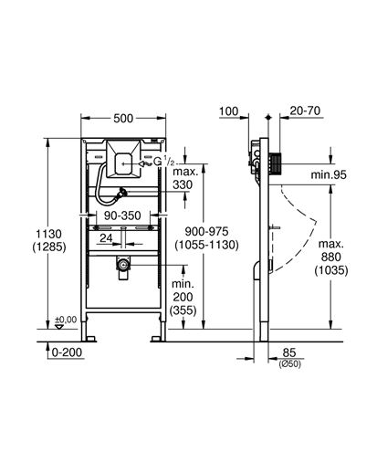 GROHE RAPID SL montážní rám pro pisoár 113 cm a 130 cm 38786001 Technický nákres