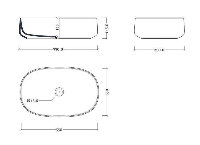 ARTCERAM COGNAC umyvadlová mísa 55 cm, bez přepadu, Saniglaze, matná černá COL003 17,34 Technický nákres