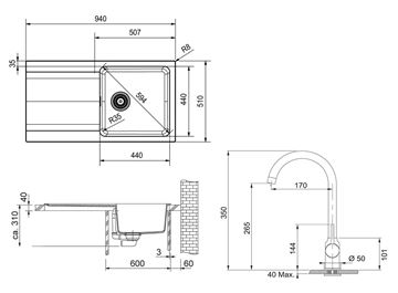 FRANKE SETT41Č tectonitový dřez OID 611 černý, baterie FP 9000 onyx 114.0441.337 Technický nákres