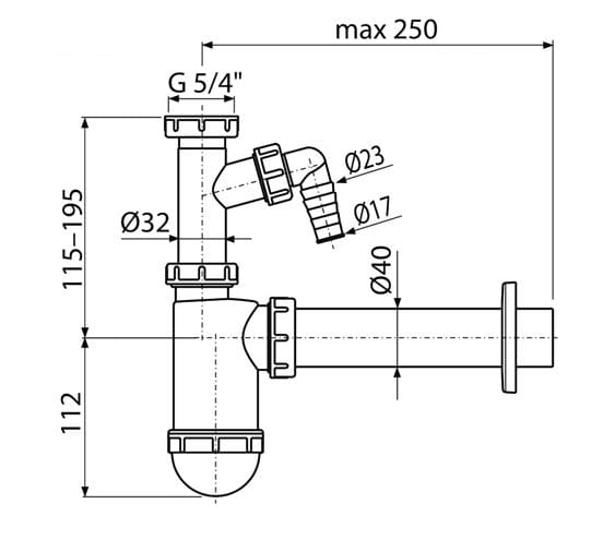 CONCEPT sifon k umyvadlu DN40, s přípojkou a převlečnou maticí 5/4 PT10043P Technický nákres
