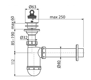 CONCEPT sifon k umyvadlu DN40, s výpustí PT10042 Technický nákres