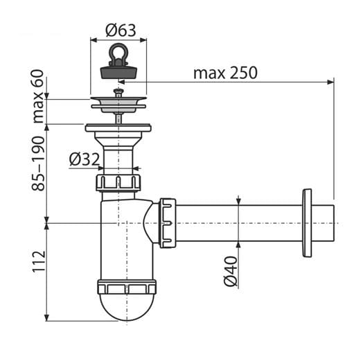 CONCEPT sifon k umyvadlu DN40, s výpustí PT10041 Technický nákres