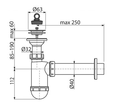 CONCEPT sifon k umyvadlu DN40, s výpustí PT10041 Technický nákres