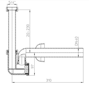 HL sifon k umyvadlu DN40, s převlečnou maticí 5/4 HL135/40 Technický nákres