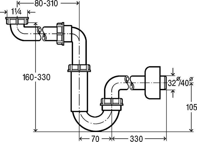 VIEGA 5729 nábytkový sifon k umyvadlu DN32, s převlečnou maticí 5/4 606220 Technický nákres