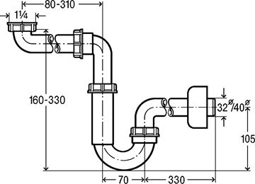 VIEGA 5729 nábytkový sifon k umyvadlu DN40, s převlečnou maticí 5/4 606237 Technický nákres