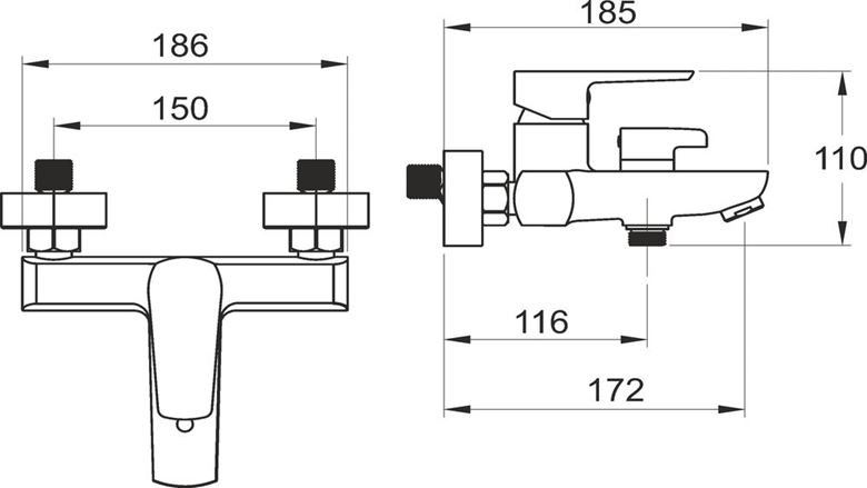 NOVASERVIS METALIA 58 vanová nástěnná baterie, s přepínačem, se sprchovou soupravou, Eco, chrom 58020,0 Technický nákres