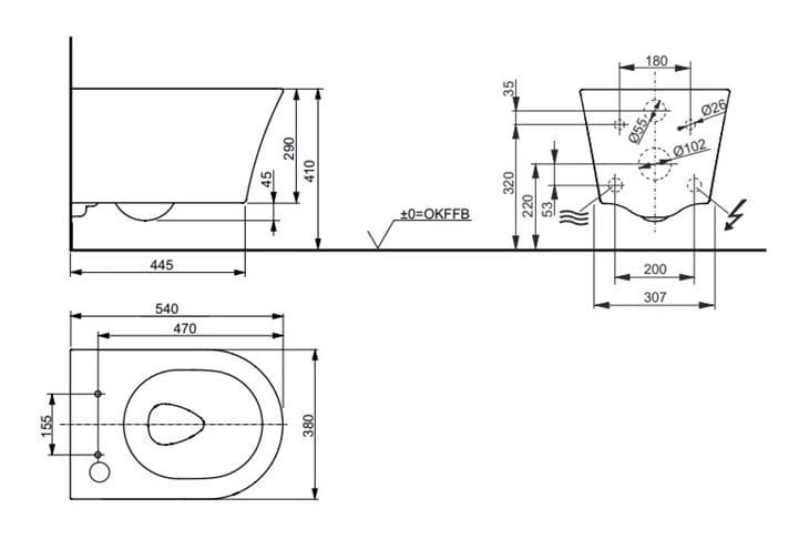 CONCEPT 100 závěsné WC pro bidetové sedátko TOTO WASHLET RG LITE, Tornado Flush splachování 553EY-CON-WC-G Technický nákres