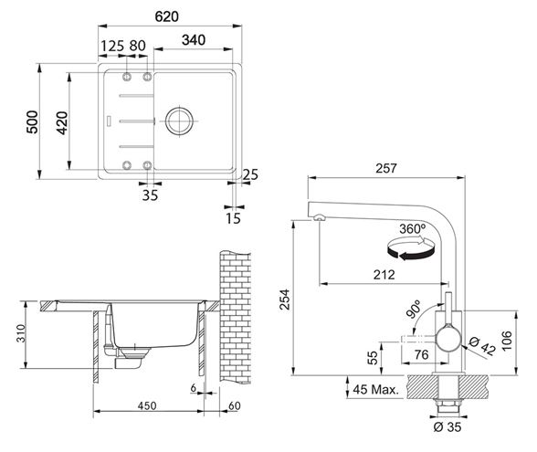 FRANKE SETG262MČ fragranitový dřez BFG 611-62 matný černý, baterie FS 3230 chrom 114.0700.730 Technický nákres