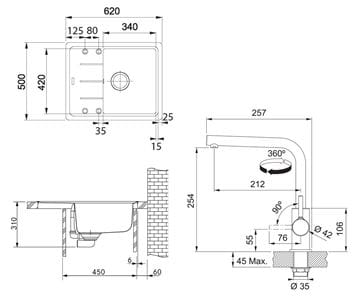 FRANKE SETG262O fragranitový dřez BFG 611-62 onyx, baterie FS 3230 chrom 114.0700.731 Technický nákres