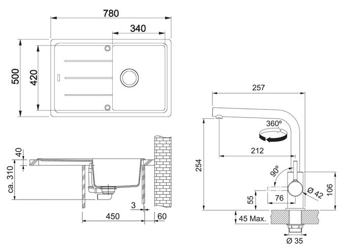 FRANKE SETG263O fragranitový dřez BFG 611-78 onyx, baterie FS 3230 chrom 114.0700.736 Technický nákres