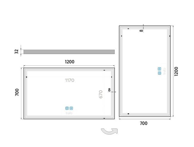 NIMCO ZP 13000 zrcadlo 120x70 cm, reverzibilní, s osvětlením, s regulací stmívání a teploty světla, se dvěma senzory ZP 13006VX Technický nákres
