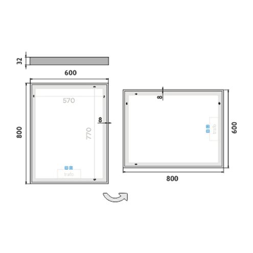 NIMCO ZP 13000 zrcadlo 60x80 cm, reverzibilní, s osvětlením, s regulací stmívání a teploty světla, se dvěma senzory ZP 13002VX Technický nákres