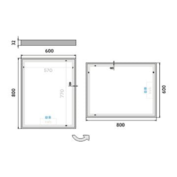 NIMCO ZP 13000 zrcadlo 60x80 cm, reverzibilní, s osvětlením, s regulací stmívání a teploty světla, se dvěma senzory ZP 13002VX Technický nákres