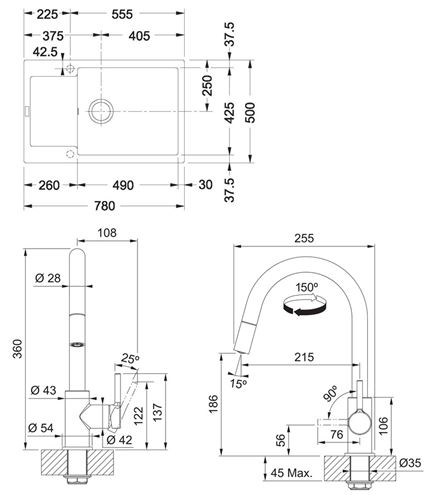 FRANKE SETG260O fragranitový dřez MRG 611-78 BB onyx, baterie FS 3229 chrom 114.0700.724 Technický nákres