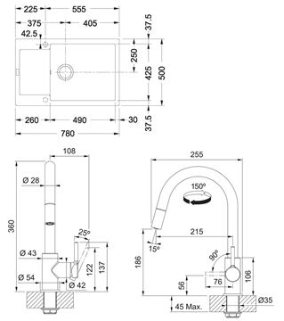 FRANKE SETG260O fragranitový dřez MRG 611-78 BB onyx, baterie FS 3229 chrom 114.0700.724 Technický nákres