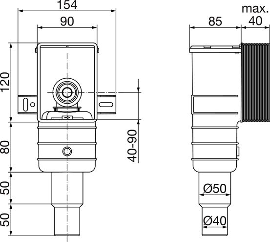 VIEGA 5633.1 podomítkový sifon k umyvadlu DN50/40, s převlečnou maticí 5/4, chrom 553753 Technický nákres
