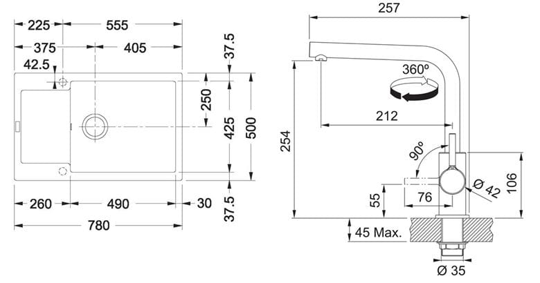 FRANKE SETG261MČ fragranitový dřez MRG 611-78 BB matný černý, baterie FS 3230 chrom 114.0700.726 Technický nákres