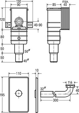 VIEGA 5633.2 podomítkový sifon k umyvadlu DN50/40, s převlečnou maticí 5/4 553760 Technický nákres