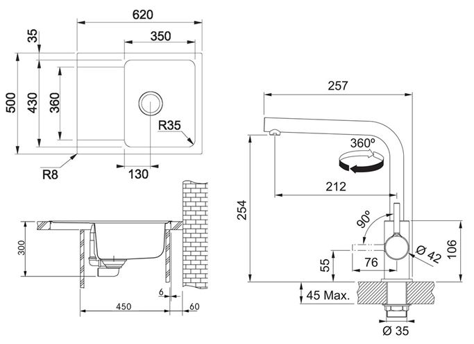 FRANKE SETT110Č tectonitový dřez OID 611-62 černý, baterie FS 3230 chrom 143.0687.308 Technický nákres