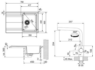 FRANKE SETT111Č tectonitový dřez OID 611-78 černý, baterie FS 3230 chrom 143.0687.313 Technický nákres