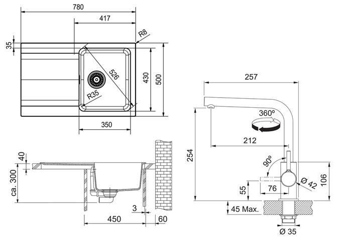 FRANKE SETT111Č tectonitový dřez OID 611-78 černý, baterie FS 3230 chrom 143.0687.313 Technický nákres