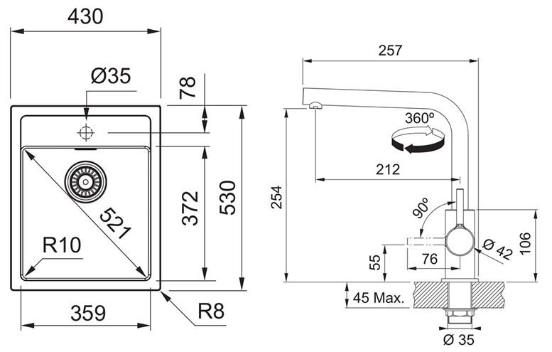 FRANKE SETT113Č tectonitový dřez SID 610-40 černý, baterie FS 3230 chrom 143.0687.332 Technický nákres